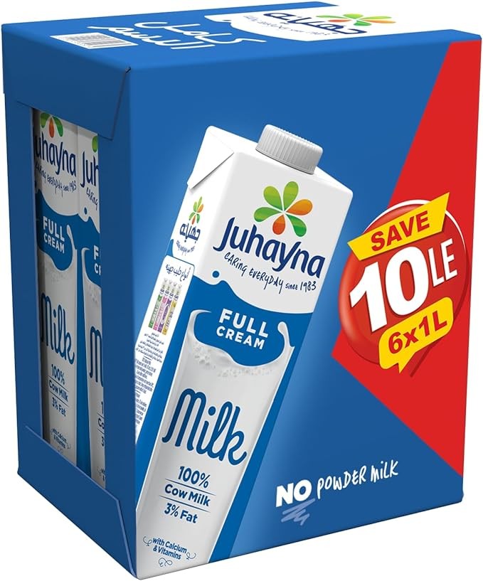 JUHAYNA Carton Full Cream Milk Multipack 1 L Ultra Edge - 6 Pack, Save 10 LE